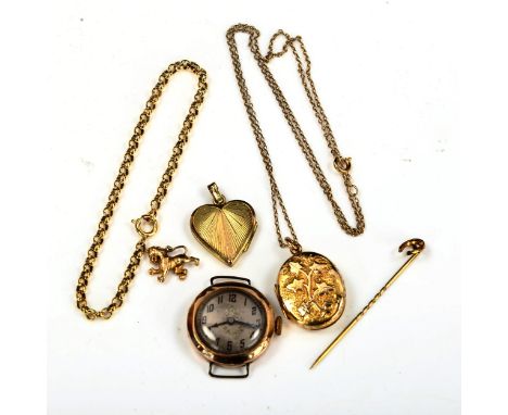 Various jewellery, including miniature 9ct rampant lion, 1.6g, photo locket pendant on 9ct chain, 7.4g, gold plated bracelet 
