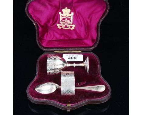 A Mappin & Webb Victorian silver 3-piece christening set, comprising small chalice spoon and napkin ring, hallmarks London 18