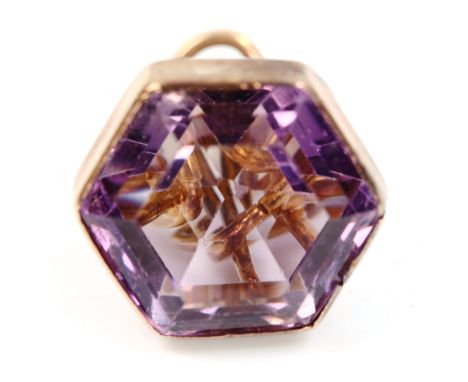 An unmarked gold amethyst fob, set with hexagonal step-cut amethyst, amethyst width 6.55mm, fob height 17mm, 6.5gAmethyst has