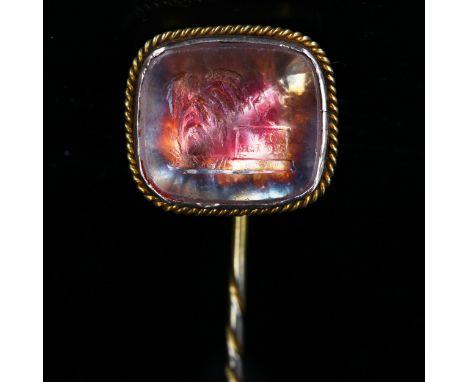 A 19th century rock crystal mourning seal stick pin, intaglio engraved with willow tree urn and plinth "No more", with foil b