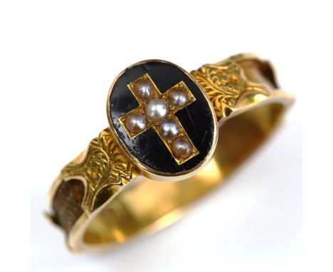 A Victorian 15ct gold split pearl and black enamel cross memorial ring, with engraved floral shoulder and openwork woven hair