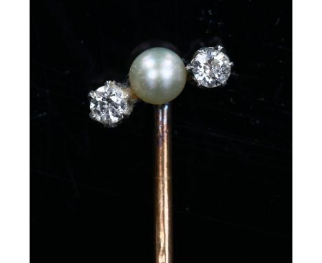 An Antique three stone pearl and diamond stick pin, set with whole pearl and old European-cut diamonds, unmarked gold setting