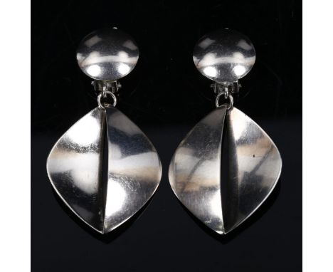 GEORG JENSEN - a pair of Vintage Danish stylised sterling silver segmented clip-on drop earrings, model no. 380B, earring hei
