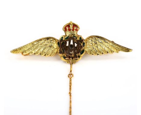 A 9ct gold enamel RAF Wings sweetheart brooch, length 44.3mm, 4.4gNo damage or repairs, only light surface wear, brooch fitti