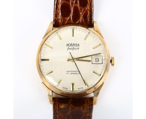 ROAMER - a Vintage 9ct gold LimeLight automatic wristwatch, stiped silvered dial with gilt baton hour markers, sweep centre s