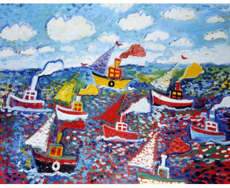 SIMEON STAFFORD (b.1956) Unframed, signed, oil on canvas, Naïve busy Cornish seascape, with various fishing boats on open wat