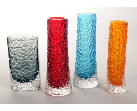 A group of four Whitefriars glass items to include; three bark textured finger vases in tangerine, kingfisher blue and ruby r