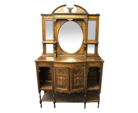 An early 20th century rosewood inlaid sideboard, raised back with central circular bevel mirror and smaller rectangular mirro