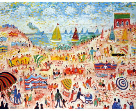 SIMEON STAFFORD (b.1956) Unframed, signed, oil on canvas, Naïve busy beach scene with sunbathers before house on hill to righ