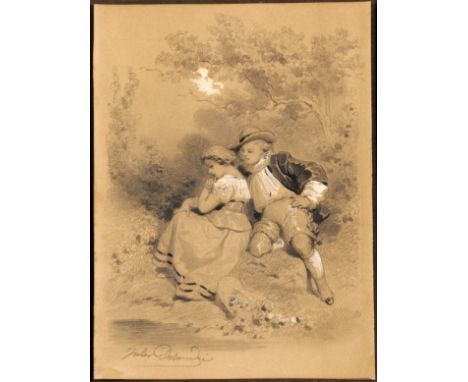JULES MARIE DESANDRE. Unframed, mounted, signed, 19th Century pencil sketch on card, heightened with white, French genre scen