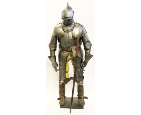 A full size replica suit of armour with ridge to helmet, sectional constructed pauldrons, breastplate, gauntlets, cuisse and 