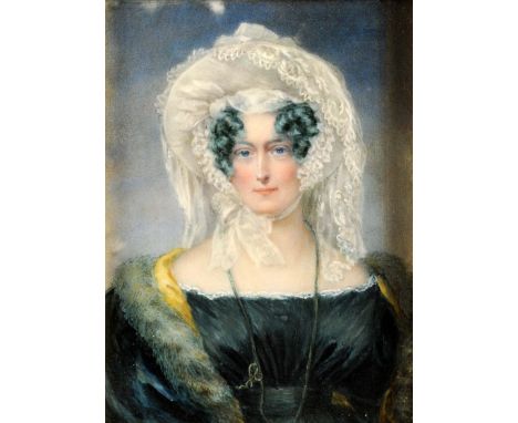 Framed, unsigned, c.1830's English School, portrait miniature on ivory, bust length portrait of a woman in dark dress, with f