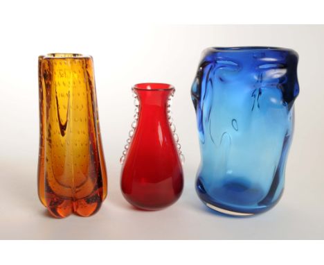 A group of three Whitefriars glass vases to include; Knobbly range vase in kingfisher blue colour pat number 9609, amber colo