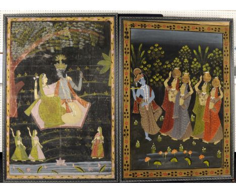 Two framed, unsigned, watercolours on silk, Indian School, one showing a couple embracing beneath overhanging tree branches, 