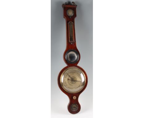 A19th century mahogany banjo barometer by Bragazzi, Derby with wet dry top dial above thermometer, small circular viewing mir