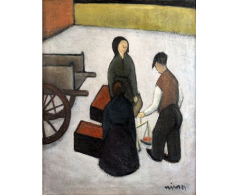 NILUS? Framed, indistinctly signed, oil on canvas, early 20th Century Russian School, Naive composition showing a woman besid