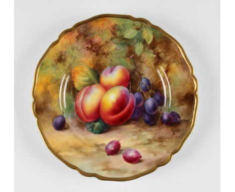 A Royal Worcester 20th century painted plate of plums and grapes with a gilt edge by KN Price. Diameter 22.5cm
