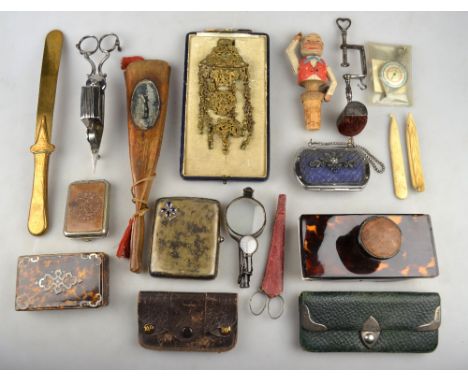 A selection of collectables, including a Victorian steel sewing clamp with velvet pin-cushion top, pair of steel candle-snuff