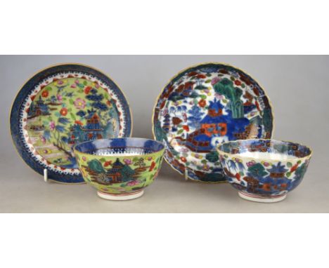 Two Chinese 18th century clobbered large tea bowls and saucers, both decorated with pagodas in a watery landscape (4) Conditi