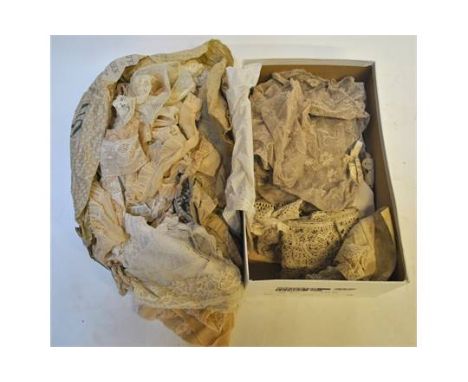 Box of old lace pieces, a green velvet beaded clutch bag, a black velvet example, three pairs of kid leather gloves, a Coty p