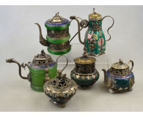 Three Chinese teapots having green glass/hardstone bodies, cloisonne shoulders and white metal/pewter mounts, character marks