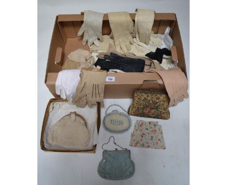 A collection of kid leather, pigskin and leather ladies' gloves, to/w four beaded evening bags and a floral tapestry example 