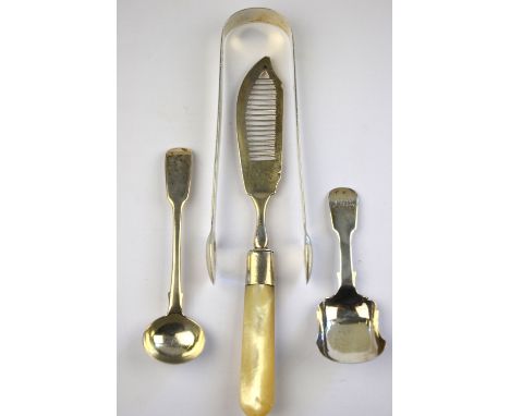 A pair of George IV plain silver sugar tongs, Thomas Wilks Barber, London 1824, to/w a sardine knife with pierced blade and m