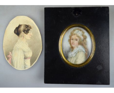 A 19th century oval portrait on ivory of a young woman with long blond hair and yellow dress, to/w an unframed Regency period