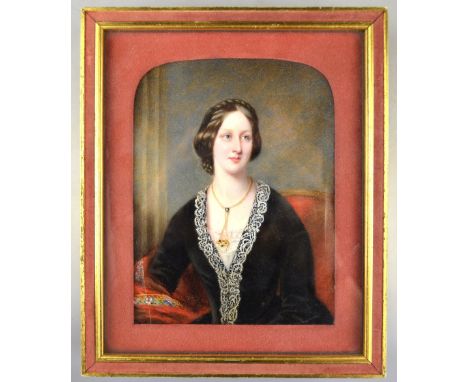 A 19th century half-length portrait of a lady in lace-trimmed velvet dress, 14.5 x 11 cm Condition Report 4 cm crack lower le