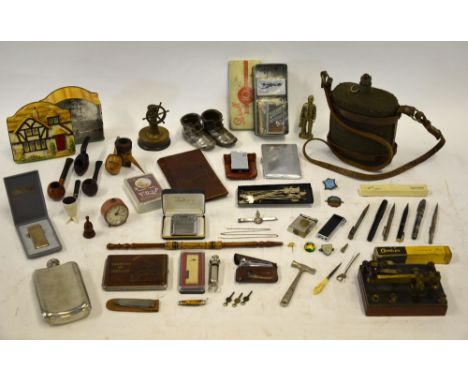 An interesting selection of collectables, including brass 'ship's wheel' cigar-cutter, GPO Morse-tapper, 1941 water canteen w