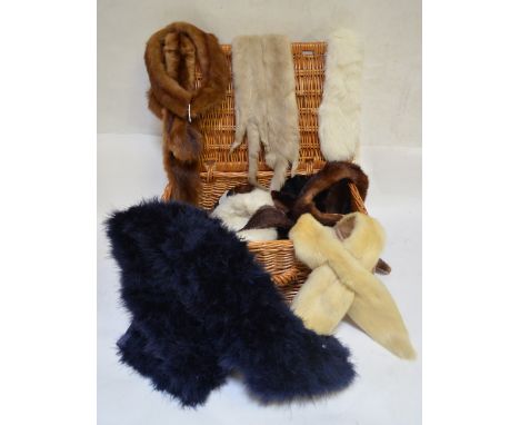 A Fortnum & Mason wicker hamper containing a collection of assorted fur collars, tippets, cravats etc., to/w a box containing