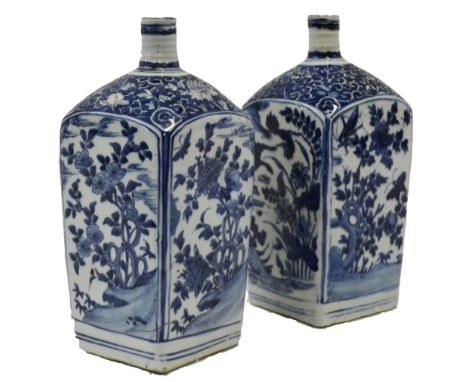 Chinese early 17th century - two Kraak style square section flasks with small cylindrical ribbed necks, one decorated with fl