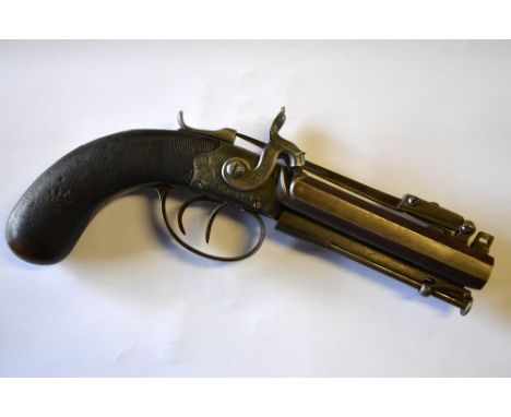 A mid 19th century double-barrelled box-lock pistol, Naval design, with top-mounted sprung bayonet and 10.5 cm octagonal barr