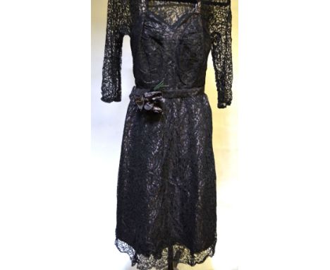 1940's black lace cocktail dress lined with mocha organza with belt and corsage, 46 cm across chest Condition Report Good con