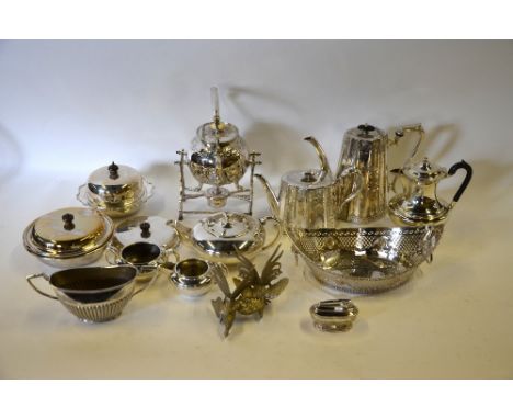 A 19th century electroplated fruit dish of pierced form, to/w a kettle on stand, Victorian coffee pot with matching teapot, m