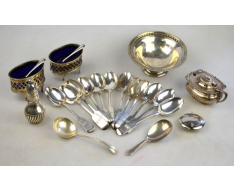 A set of twelve Victorian silver fiddle pattern teaspoons, London 1893, 9.3 oz, to/w a caddy spoon, sugar ladle, pendant roug