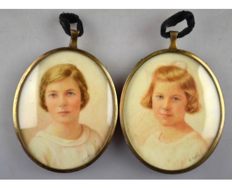 A pair of 1920's oval portrait miniatures on ivory, girls in white dresses, painted in sepia, signed C. Orton Condition Repor