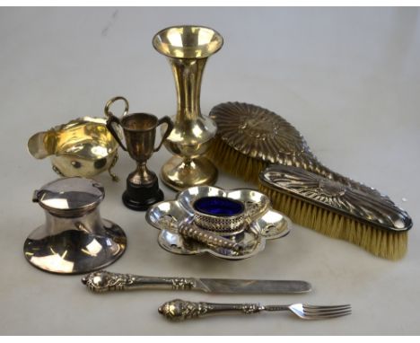 A pair of pierced silver bonbon dishes Birmingham 1930, to/w a sauce-boat, Chester 1904, a Christening knife and fork, Birmin