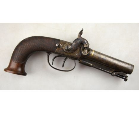 An early 19th century double-barrelled box-lock pocket pistol by Southall of London, the 7 cm barrels with gilt half-ring dec