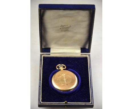 A 9ct gold open-faced pocket watch with Selezi keyless movement, in Dennison case London 1915, enamel dial with blued hands a