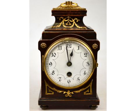 A 19th century German, stained mahogany, small mantle clock with gilt brass mounts, enamel dial and Lenzkirch drum movement, 