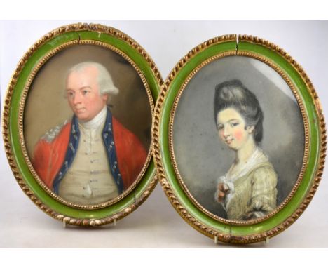 Early 19th century English school - A pair of companion portrait studies of Colonel and Mrs Caswall, mixed media, oval 26 x 2