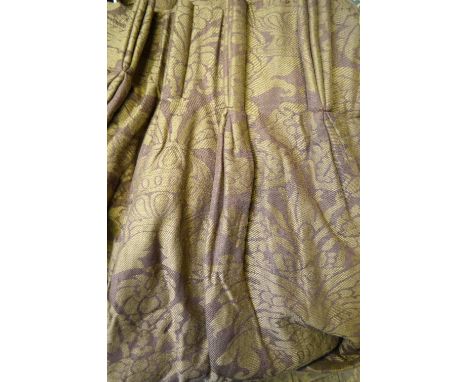 A pair of cinder rose damask curtains, with braiding to edge and tie-backs, 280 cm drop x 112 cm width Condition Report No fa