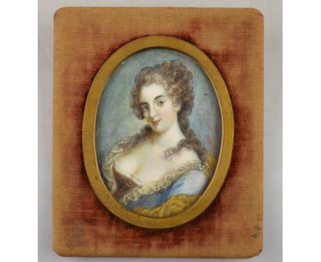 An 18th century oval portrait miniature on ivory of a provocative young lady in decollete gown, unsigned, in brown velvet sur