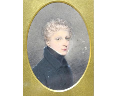 Early 19th century English school - A portrait miniature study of a young man in black frock coat, watercolour, oval 12 x 9 c