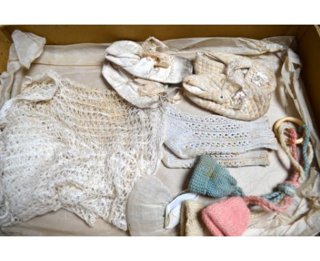 Five Victorian fine cotton Christening gowns, mostly inset and edged with lace, to/w two pairs of baby's shoes, a small silk 