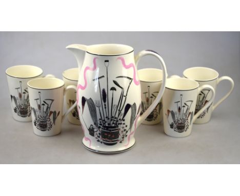 Eric Ravilious - Wedgwood - Lemonade set - Garden implements, a black and white and pink lustre jug decorated on one side wit