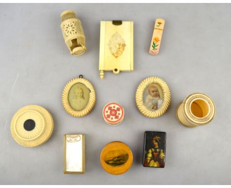 Various ivory collectables, including a Chinese folding notebook, carved roundel pin-box, pair of miniature oval frames, barr