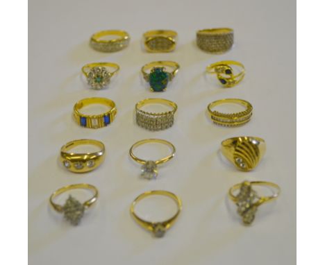 Fifteen various synthetic stone set rings, mostly 9ct including synthetic black opal, cubic zirconia, green and blue stones e