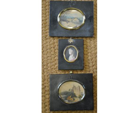 An 18th century oval portrait miniature on ivory of a lady, to/w two oval miniature watercolour landscapes, abbey ruin and mi